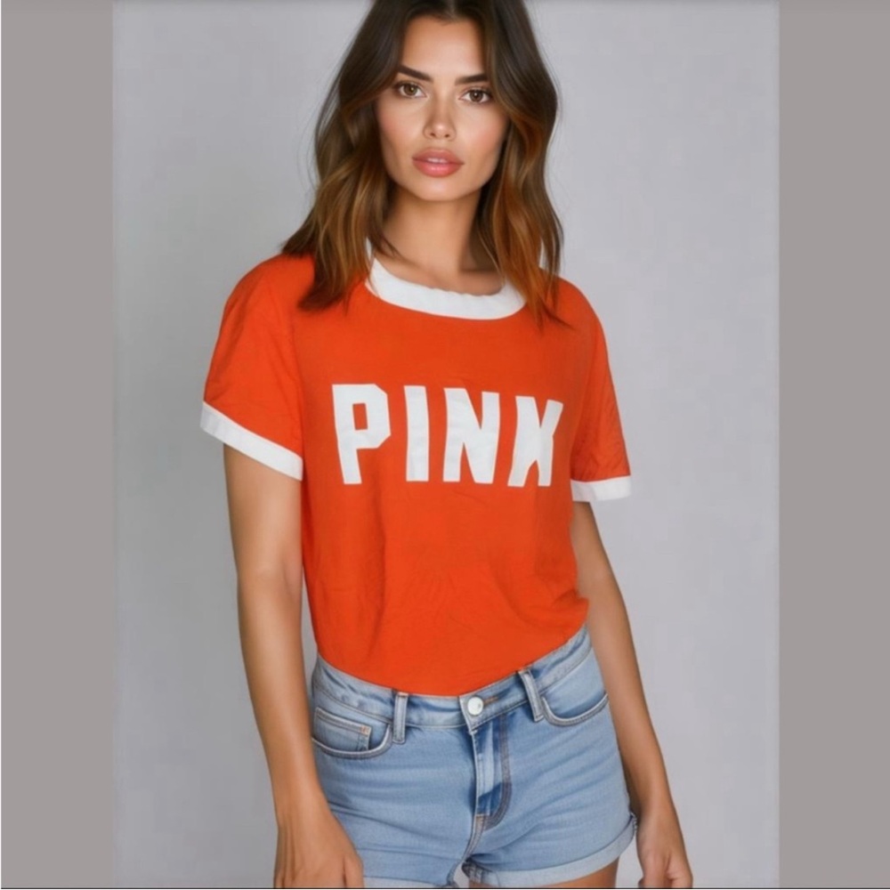 Victorias Secret Orange & White PINK Logo Crew Neck T-Shirt Size XS NWOT